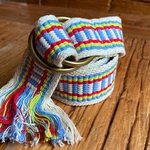 🆕 Madewell Colorful Boho Woven Friendship Gold O-Ring Buckle Belt - Rainbow 🌈